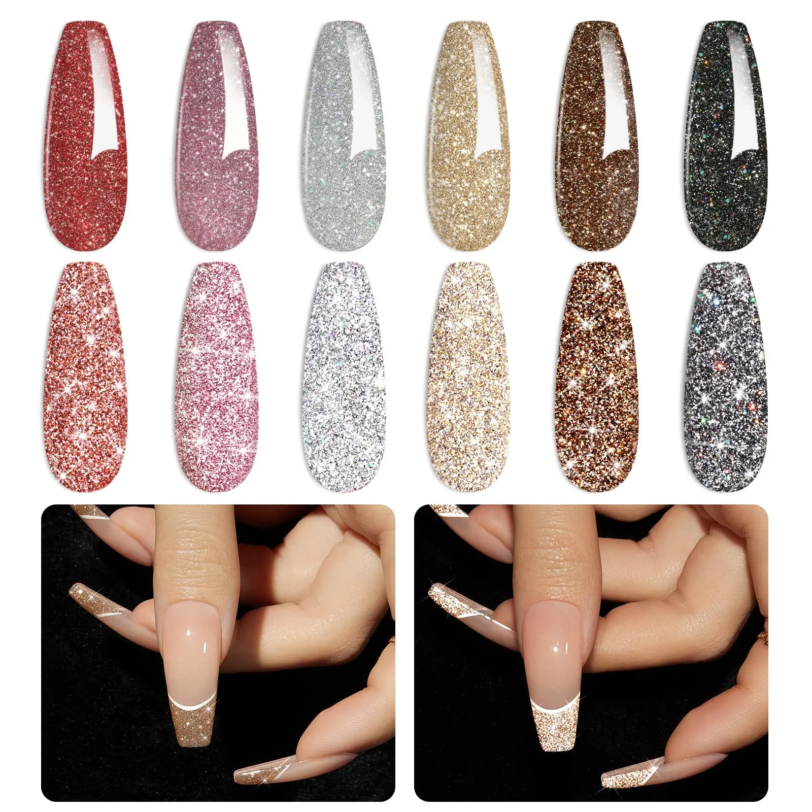 beetles Gel Polish Reflective Glitter Gel Nail Polish Set, 6 Colors Holographic Sparkle Glitter Gel,Flash Diamond Sliver Gold Black Red UV LED Soak Off Manicure Kit Gift for Women Girls