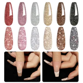 beetles Gel Polish Reflective Glitter Gel Nail Polish Set, 6 Colors Holographic Sparkle Glitter Gel,Flash Diamond Sliver Gold Black Red UV LED Soak Off Manicure Kit Gift for Women Girls