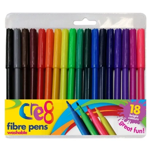 Fibre Pens - 18 Pack Assorted Colours Broad Fine Tips Colouring Drawing