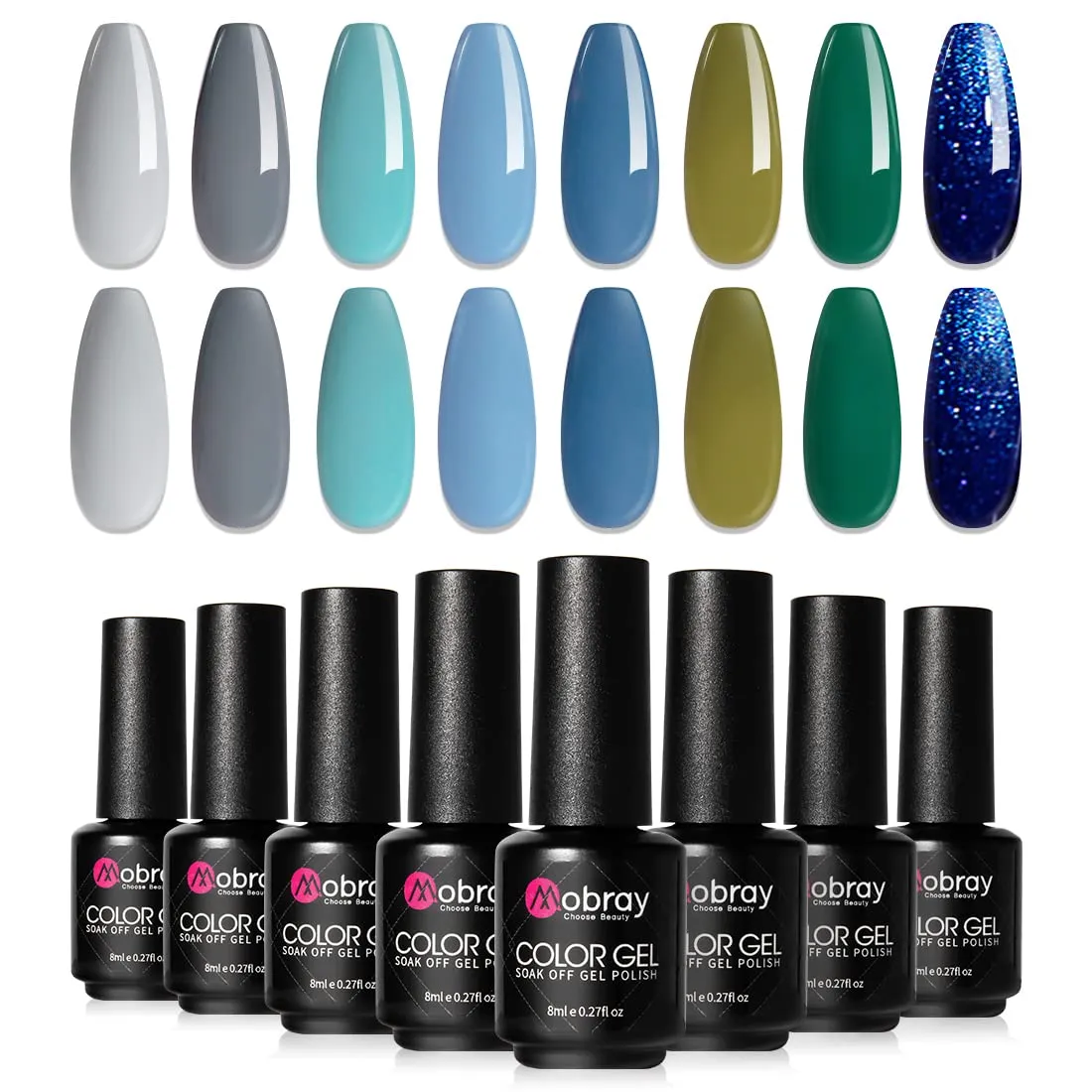 Mobray Gel Nail Polish Set, 6 Spring Summer Blue Nude Purple Colors With No Wipe Top Coat And Base Coat for Nail Art Manicure.