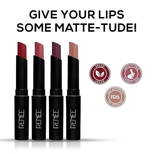 RENEE Very Matte - Pack of 4 Matte Lipsticks | Intense Color Pay Off, Full Coverage Long Lasting Weightless Velvety Formula