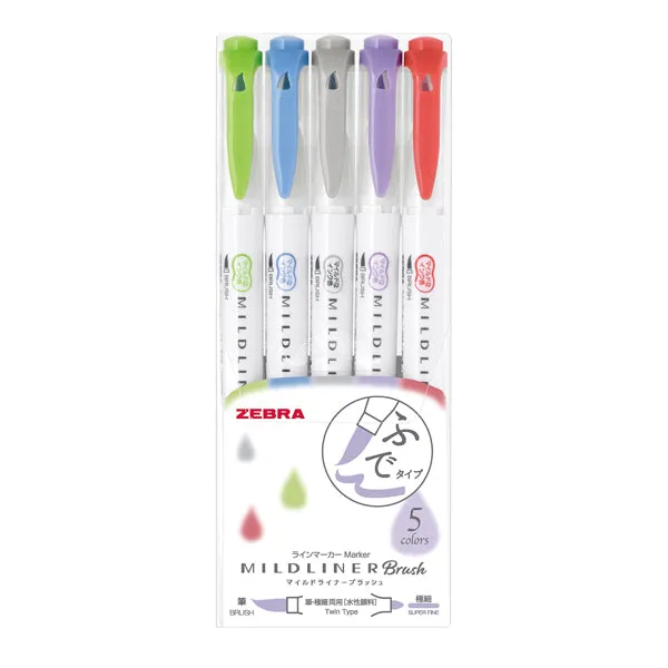 Zebra Mildliner Double-Sided Brush Pen - Fine Bullet Tip/Brush Tip - 5 Colour Set