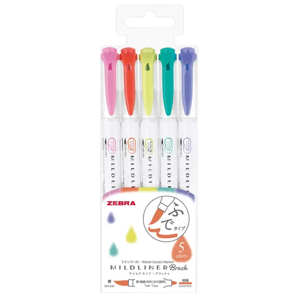 Zebra Mildliner Double-Sided Brush Pen - Fine Bullet Tip/Brush Tip - 5 Colour Set