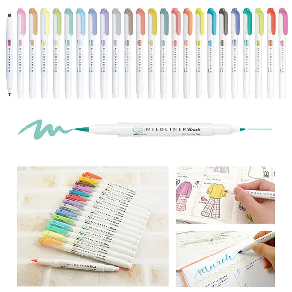 Zebra Mildliner Double-Sided Brush Pen - Fine Bullet Tip/Brush Tip - 5 Colour Set