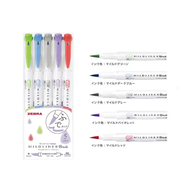 Zebra Mildliner Double-Sided Brush Pen - Fine Bullet Tip/Brush Tip - 5 Colour Set
