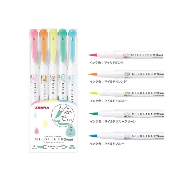 Zebra Mildliner Double-Sided Brush Pen - Fine Bullet Tip/Brush Tip - 5 Colour Set