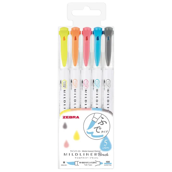 Zebra Mildliner Double-Sided Brush Pen - Fine Bullet Tip/Brush Tip - 5 Colour Set