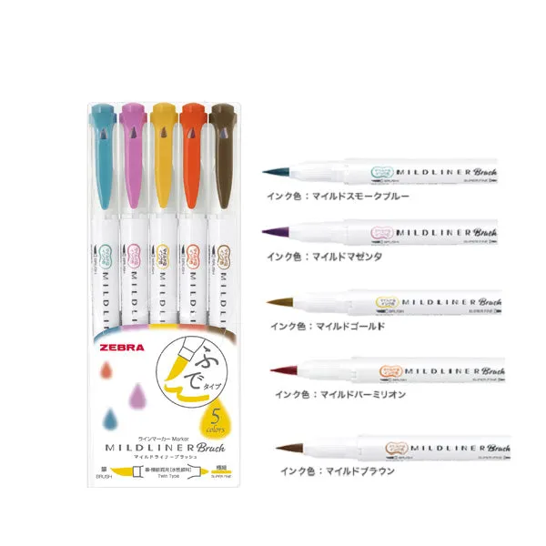 Zebra Mildliner Double-Sided Brush Pen - Fine Bullet Tip/Brush Tip - 5 Colour Set