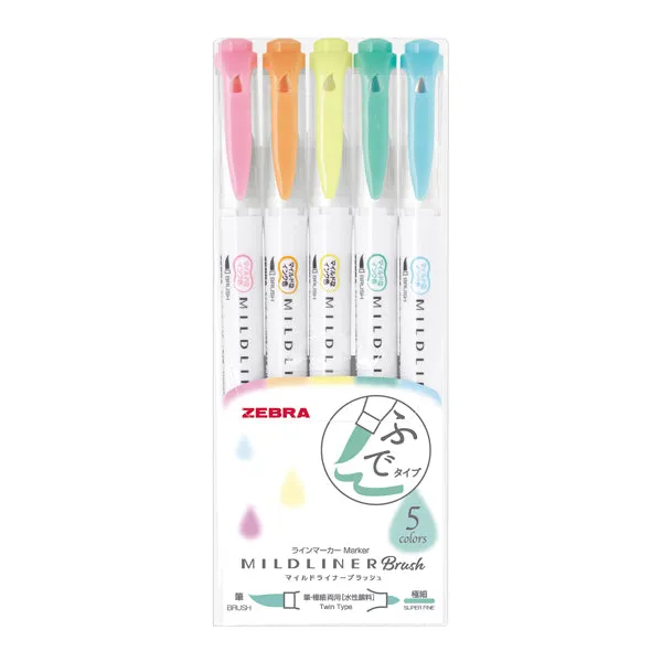 Zebra Mildliner Double-Sided Brush Pen - Fine Bullet Tip/Brush Tip - 5 Colour Set