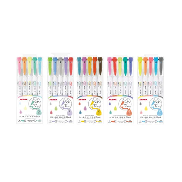 Zebra Mildliner Double-Sided Brush Pen - Fine Bullet Tip/Brush Tip - 5 Colour Set