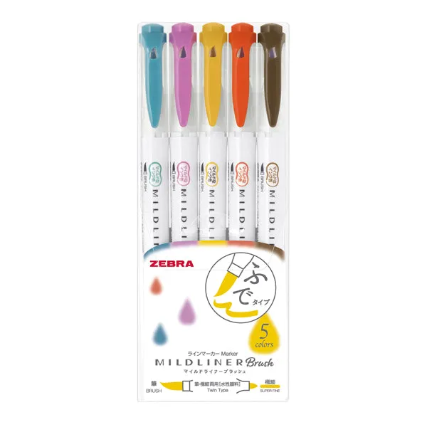 Zebra Mildliner Double-Sided Brush Pen - Fine Bullet Tip/Brush Tip - 5 Colour Set
